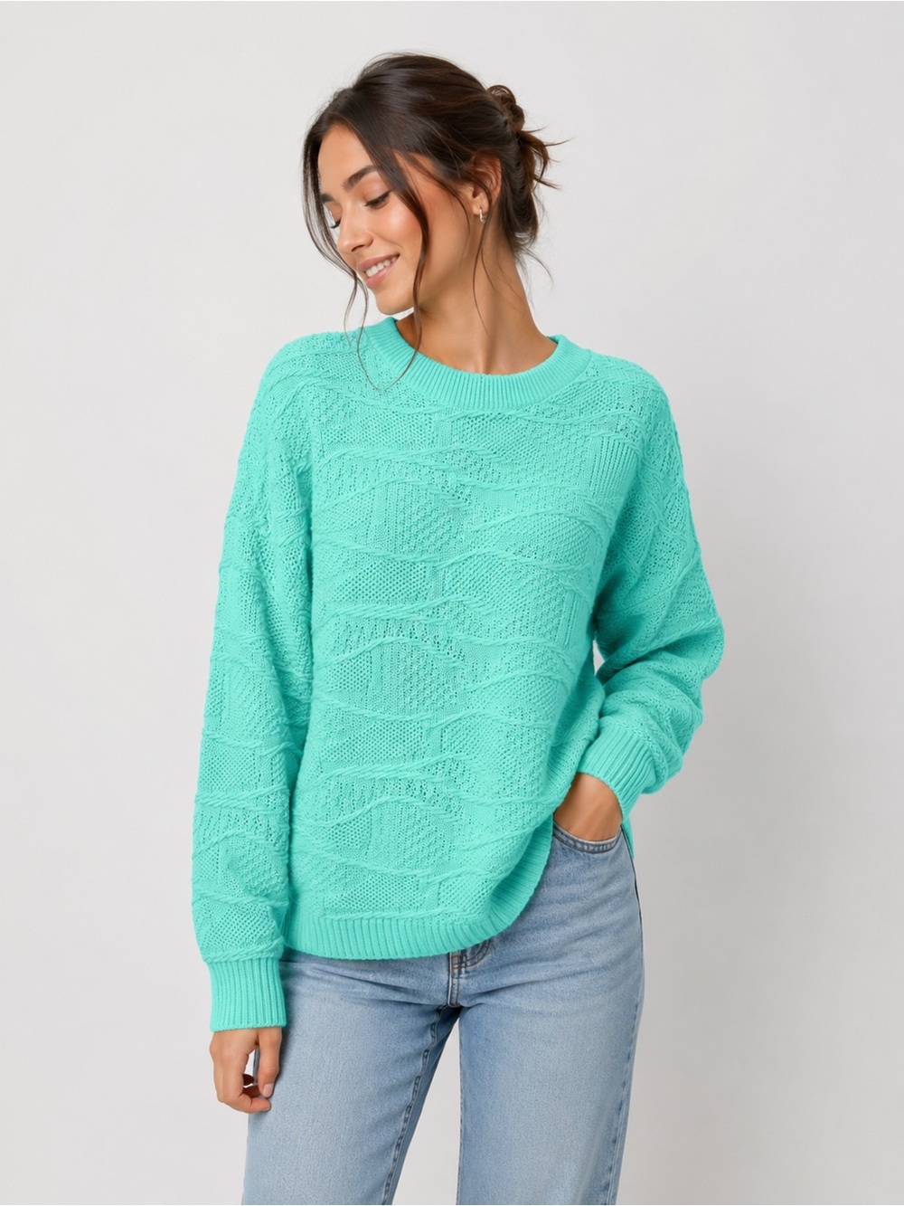 Boohoo Mint Green Textured Crewneck Sweater. For men and women